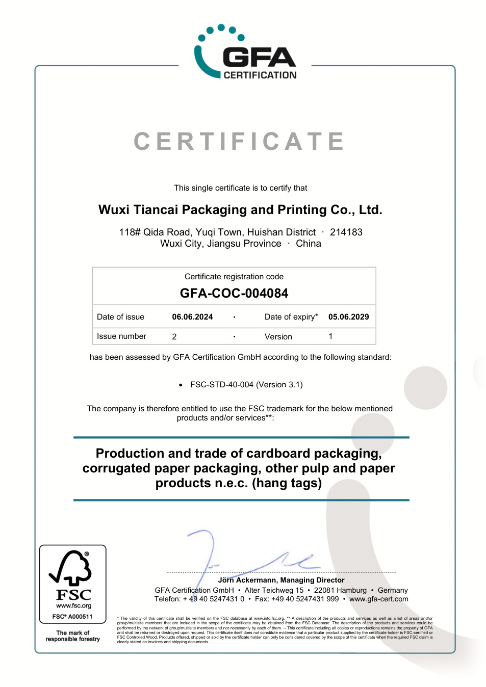 FSC Chain of Custody Certificate — Wuxi Tiancai